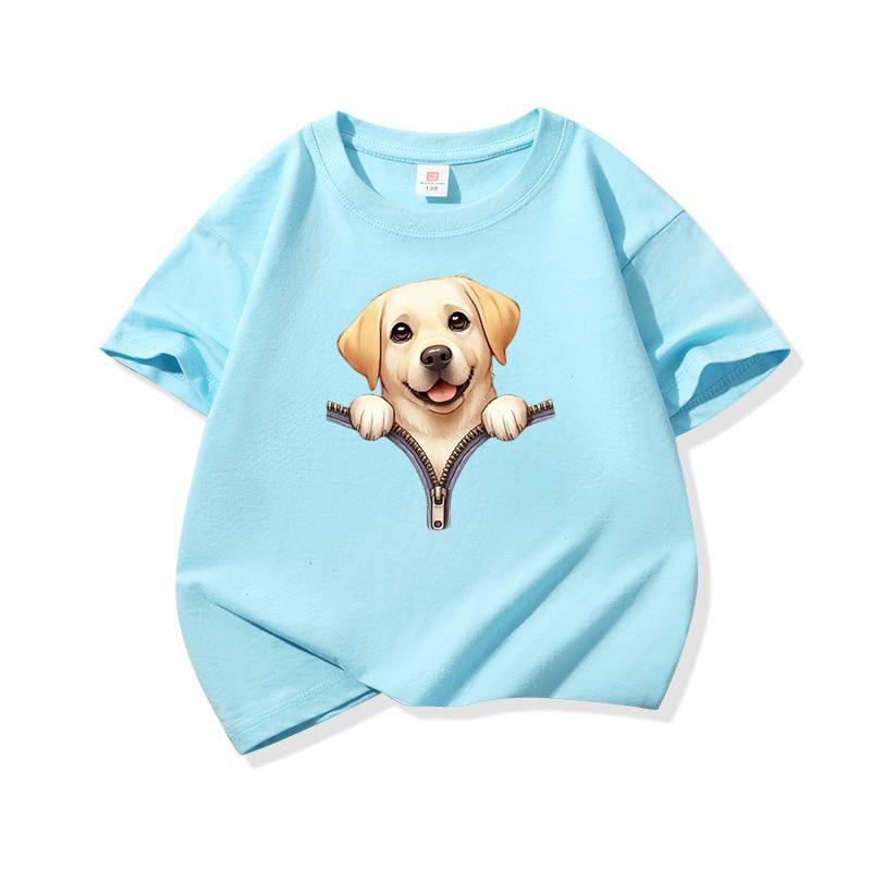 Kids Cotton T Shirt Cute Labrador Retriever Dog Zipper Print Crew Neck Short Sleeve Tee Casual Boys Girls Summer Tops