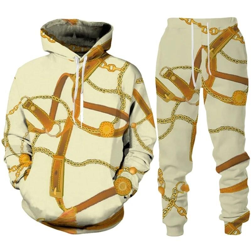 Fashion Luxury Golden Pattern Men Hoodie Sets 3D Print Sweatshirt Hooded Sweatshirt Oversize Sportswear Trousers Suit  Clothing