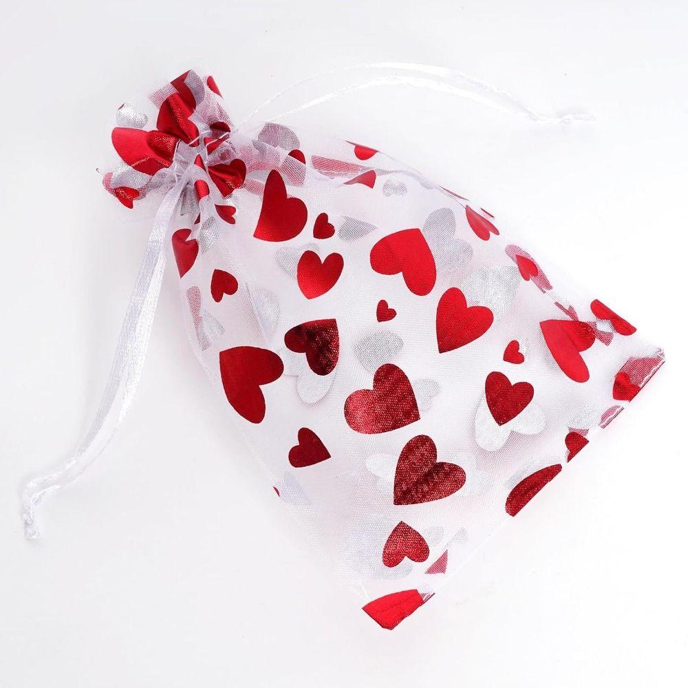 20pcs Love Heart Valentine's Day Gift Bag Drawstring Bronzing Gift Bag Mesh Candy Pouches  Wedding