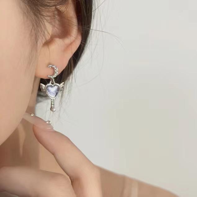 Symphony Love Angel Wings Earrings Star Moon Asymmetry Water Temperament Niche Design High-End Earrings