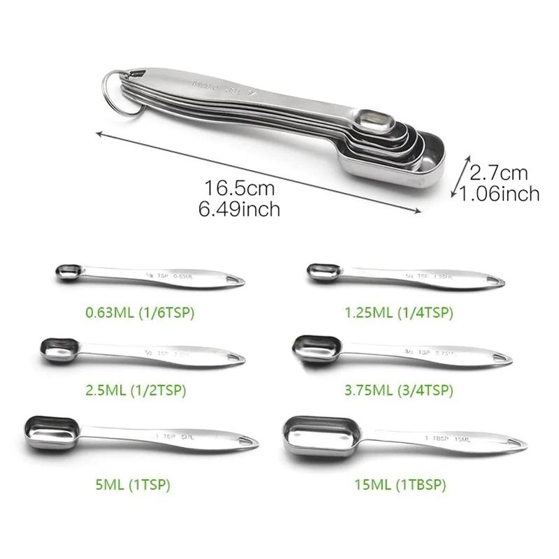 6Pcs Measuring Spoons Set Stainless Steel Teaspoon Coffee Sugar Scoop Powder Spice Seasoning Spoon Kitchen Baking Measuring Tool