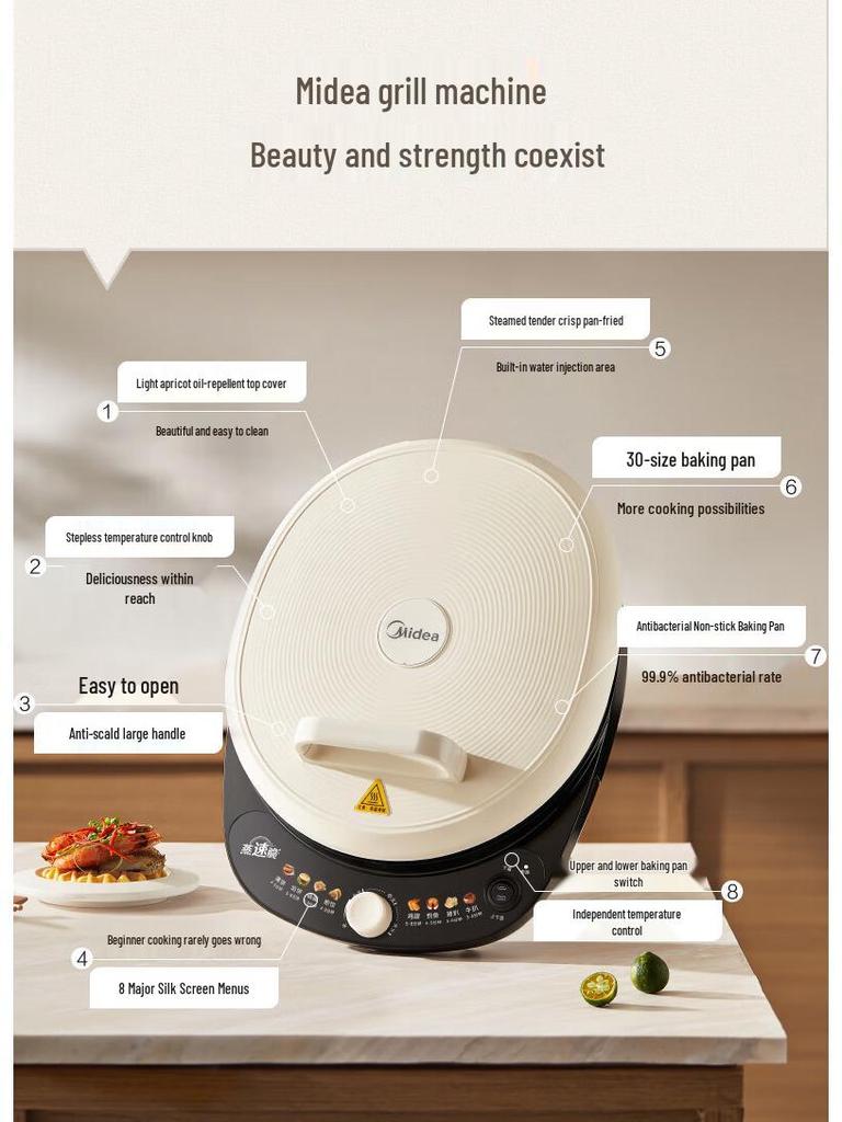 Midea Double-Sided Electric Griddle & Pancake Maker - Large Size Waffle Frying Pan