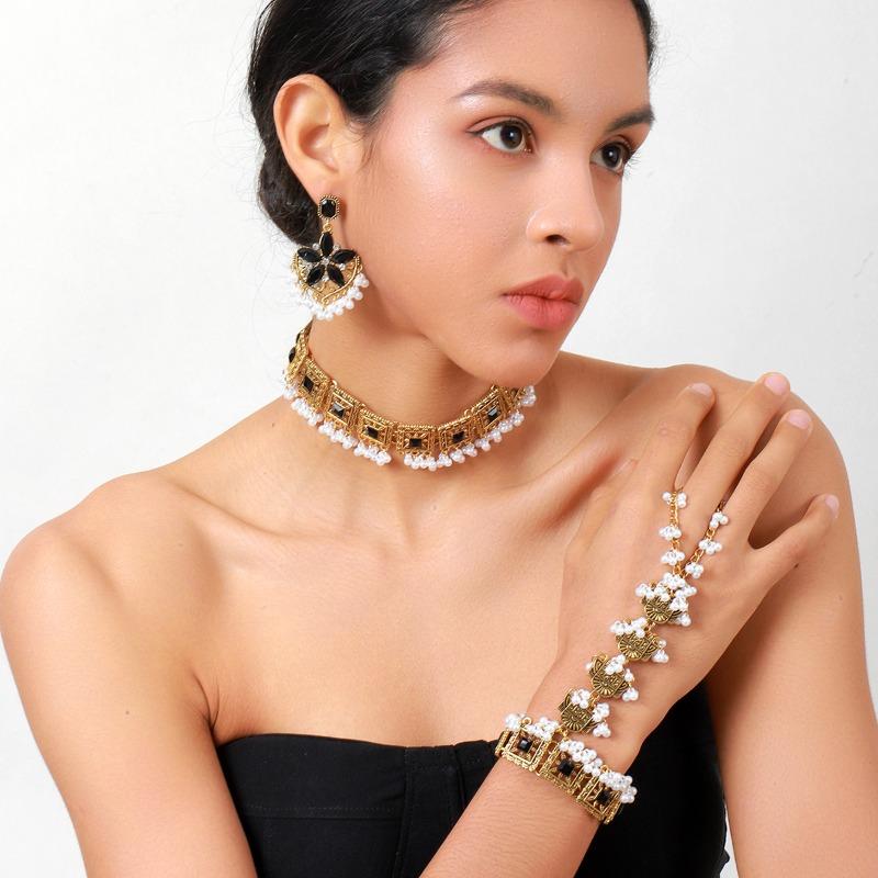 Vintage-Blumen-Quasten-Armband, Ohrringe und Halsketten-Set - böhmischer ethnischer Schmuck