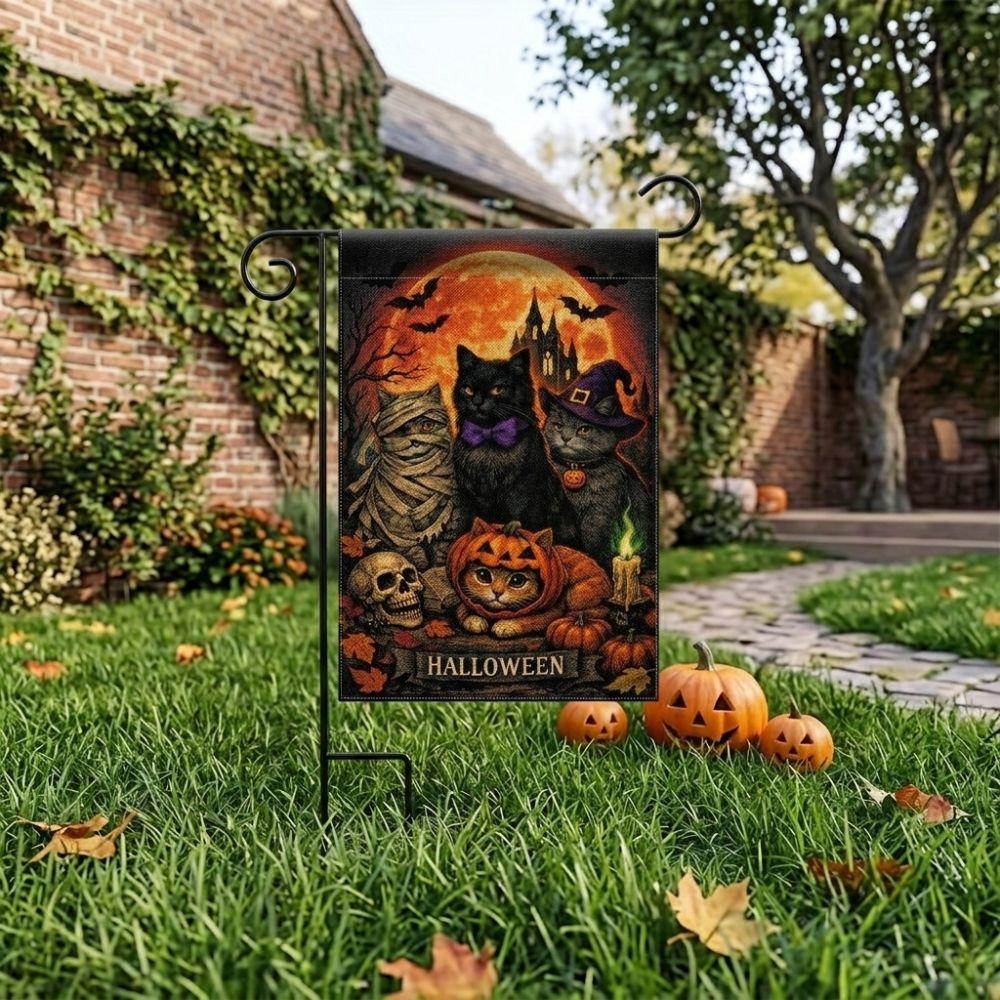 2D Flat Print Halloween Garden Flag Single Sided Haunted House Pumpkin Black Cat Cloth Spooky Polyester Halloween Outdoor Banner