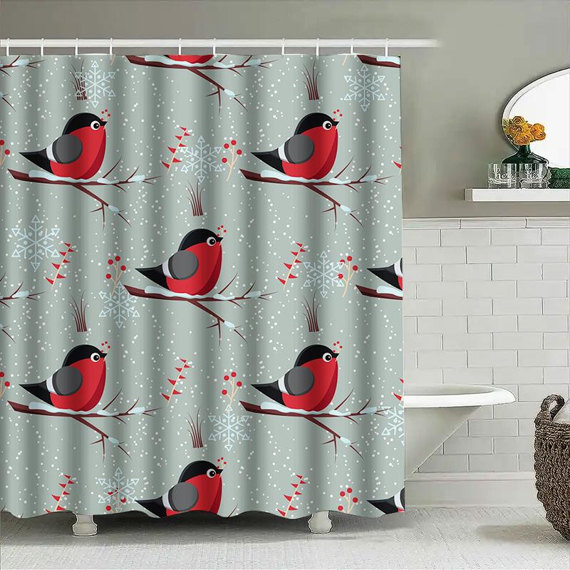 

Modern Christmas Decor Shower Curtainred Robin Pattern Snowflake Print Waterproof Fabric Bathroom Decorations Hanging Rod 72X78I W60H190(CM)-1 Pcs