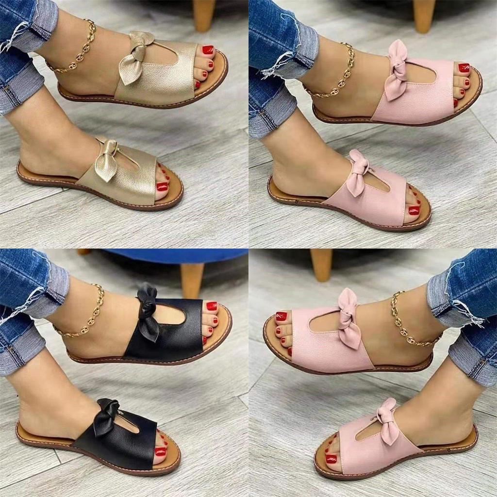Womens Summer Flat Sandals With Bow Hollow Out For Casual Daily Wear