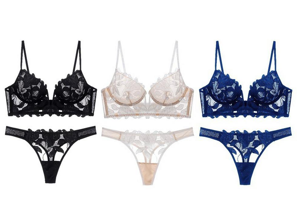 French Lace Push-Up Bra Set with Lily Embroidery & Mesh