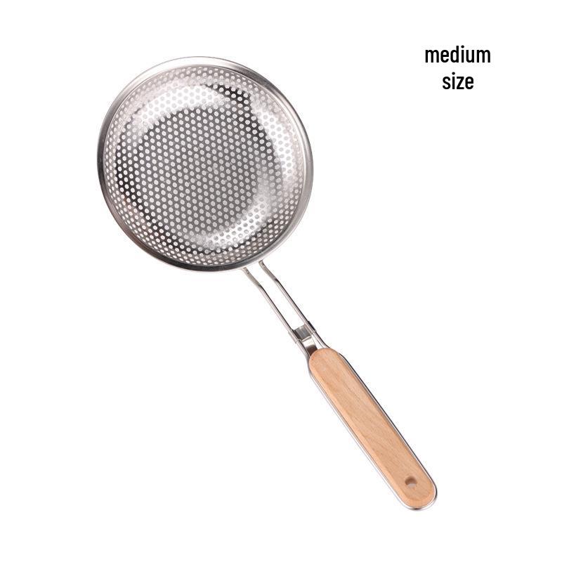 Wooden Handle Stainless Steel Perforated Oil Skimmer Ladle for Dumplings and Noodles - Thickened Frying Spoon Strainer.