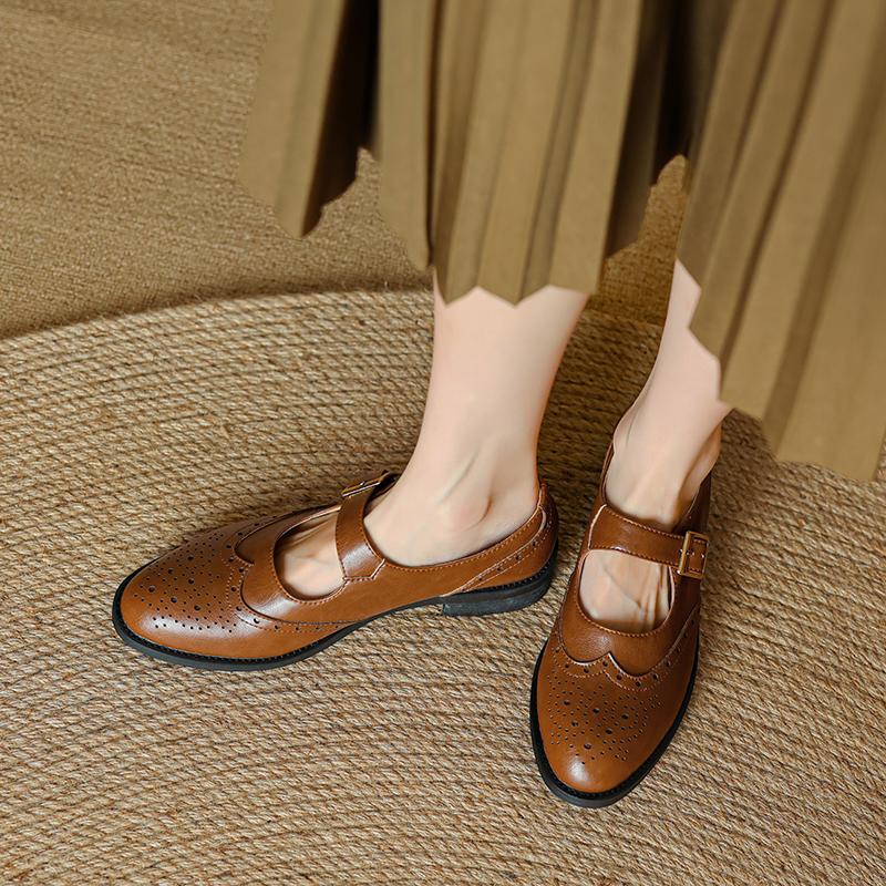 Autumn Women Pumps Natural Leather Plus Cowhide Pigskin Full Leather Mary Jane Shoes Block Carving