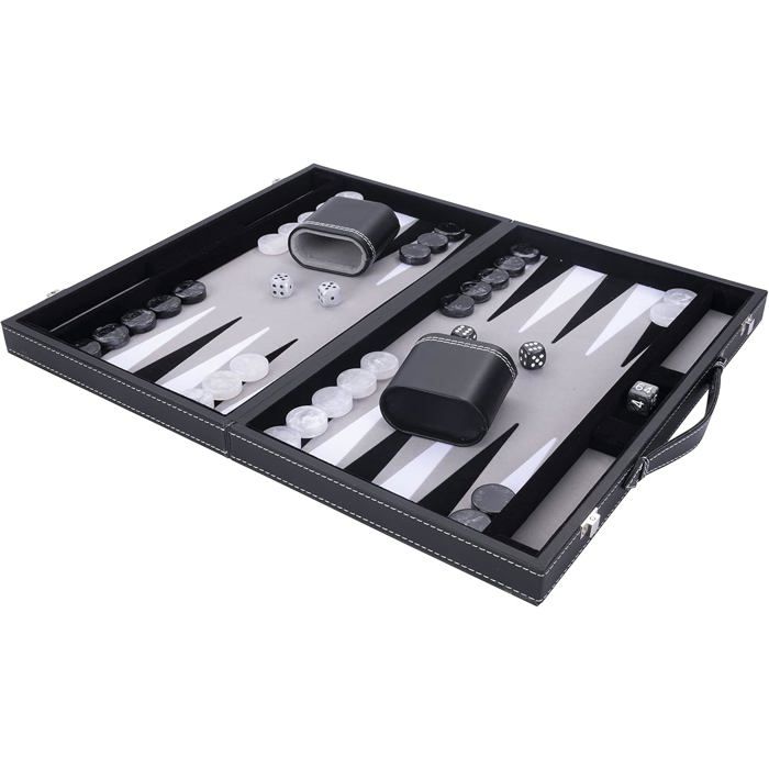 Luxury Backgammon 18" 45.5 Cm - High Quality - Faux Leather, Special Inlaid Felt, Pearly Chips and Dice (Black/White/Grey)