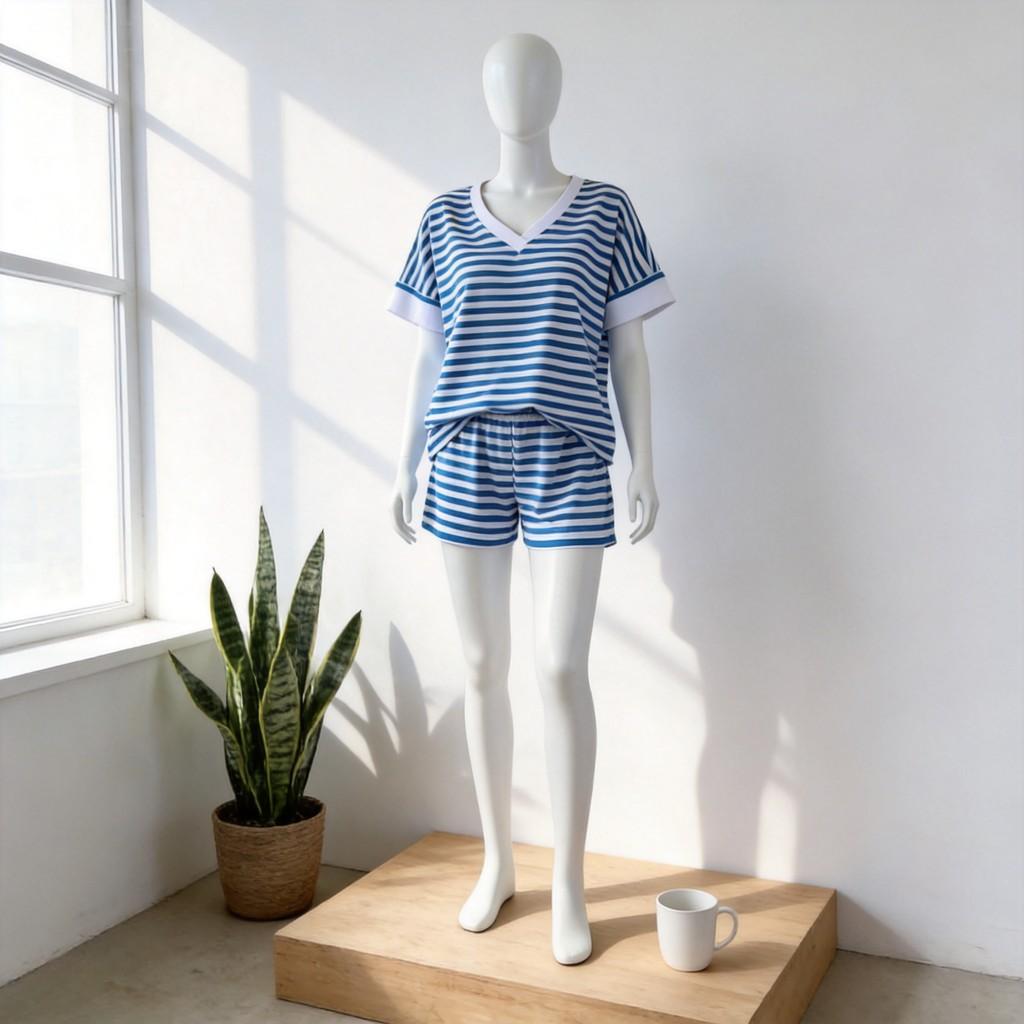 Womens Striped Knit Sweatshirt And High Waist Shorts Set With Patching For Casual Summer Wear