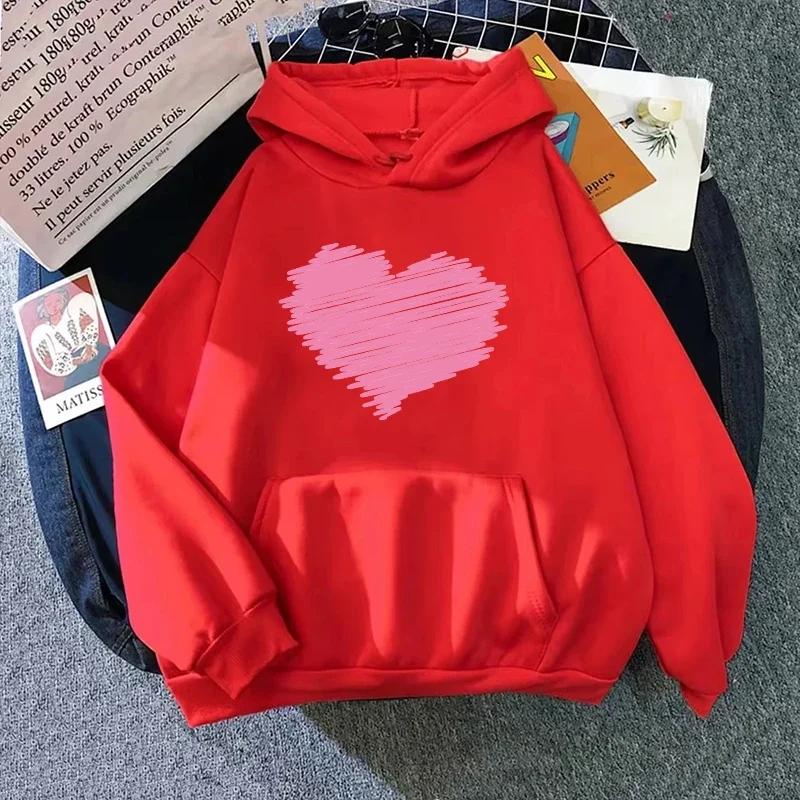 Pink Heart Printed Hoodie for Women Classic Hooded 2025 Autumn and Winter Hoodie Long Sleeve Female Causal Sporty Sweatshirts
