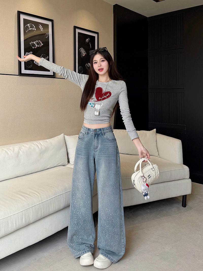 Spring 2026 Plus Size Rhinestone High Waist Wide Leg Jeans for Women 4XL синий
