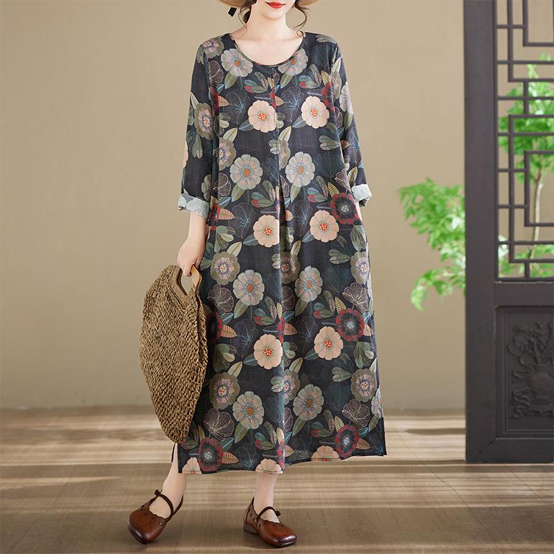 2026 Women's Long-Sleeve Printed Cotton Dress, Round Neck, Plus Size