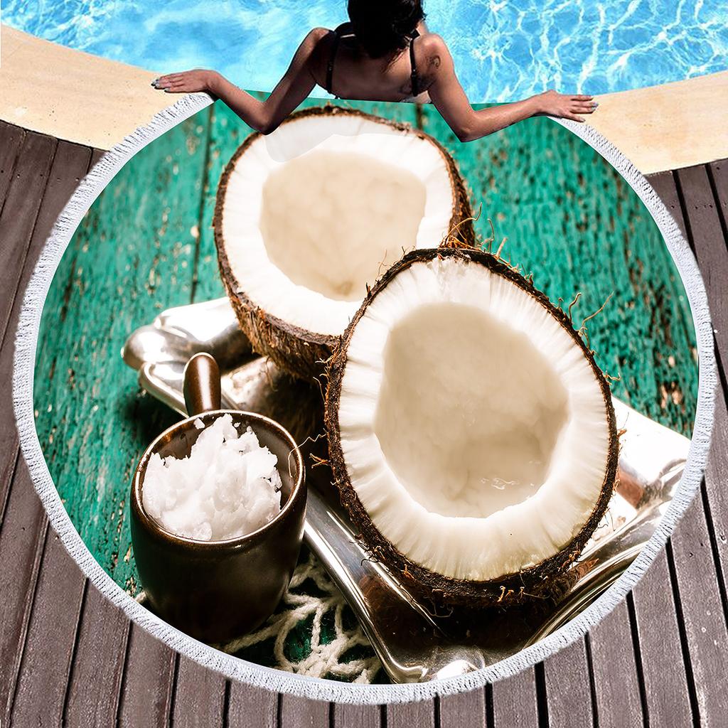 Hawaii Tropical Fruit Coconut Round Beach Towel with Tassels, Microfiber Quick Dry Absorbent Pool Towel Sand Free Beach Blanket
