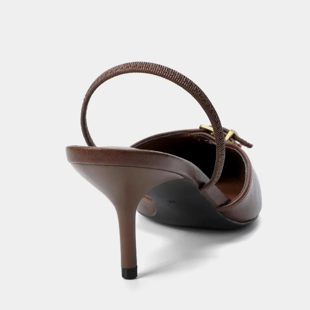 Vintage Brown Slingback Heels for Women Fashion Pointy Toe Metal Buckle Decorated Stiletto Sandals Luxury Party Designer Shoes