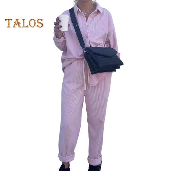 2-teiliges Set mit Hemd und Hose für Damen, Umlegekragen, einreihig, lange Ärmel, lockeres Oberteil, Kordelzug, elastische Taille, Hose mit weitem Bein, Sport-Trainingsanzug