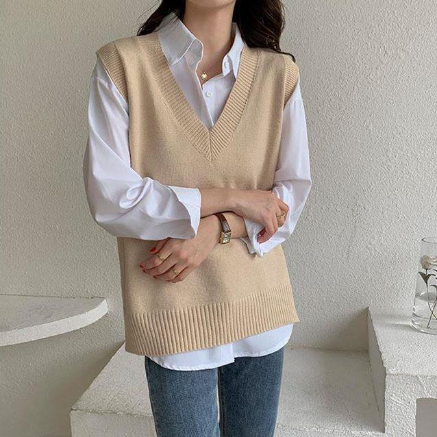 

Женская рубашка, свитер, комплект из двух предметов, свитер, жилет, женский, с v-образным вырезом, однотонный, простой, тонкий, универсальный, в повседневном стиле, шикарный, осенне-зимний, свитера без рукавов S