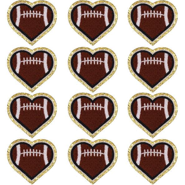 12pcs Heart Football Iron on Patches Embroidered Motif Applique Deco Sew on Patches Gold Edges Chenille Love Shape Rugby Embroidered Patches for