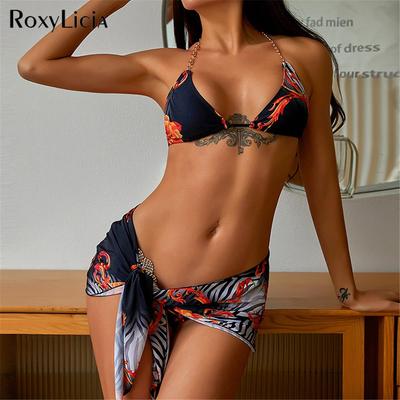 Shiny Rhinestone Printed Bikini Female Swimsuit Women Swimwear Three-piece Bikini Set With Sarong Bather Bathing Suit Swim