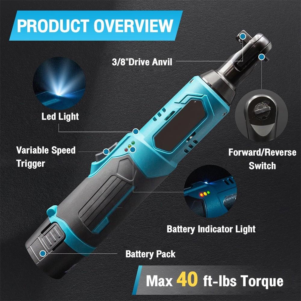 מפתח ראצ'ט אלחוטי 3/8" 12V מפתח חשמלי מפתח זווית ישרה מברגה מברגה כלי תיקון בורג אום