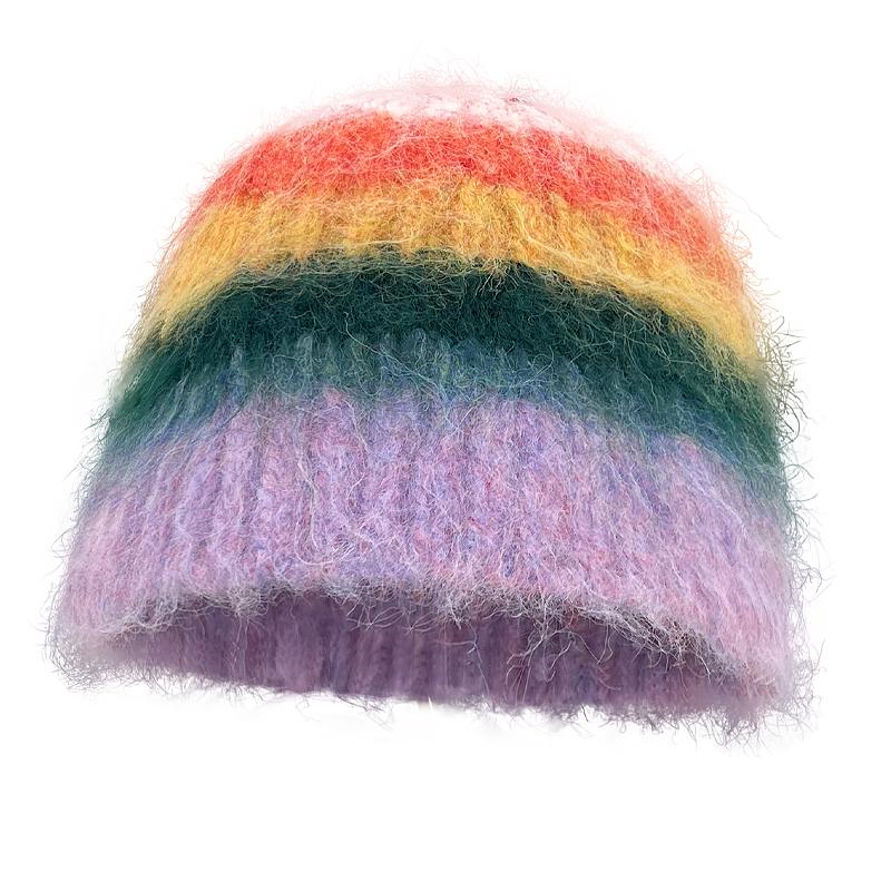 Neues Gesicht kleine regenbogenfarbene Wollmütze Damen Herbst und Winter warm Ohrenschutz gestrickter Pullover Kaltwettermütze