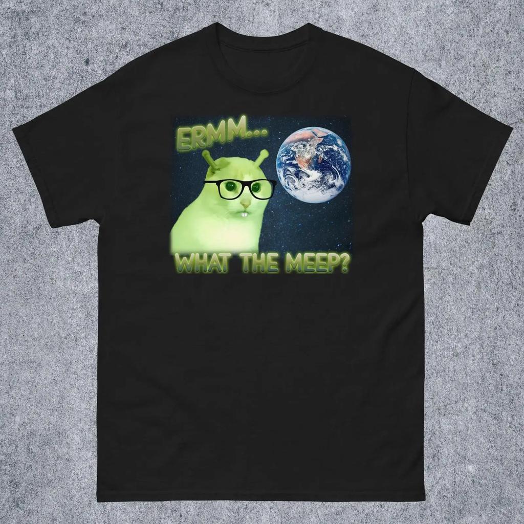 Ermm What The Meep Funny Green Alien Cat Meme T Shirt Outer Space Earth Brainrot Dank For Vintage Streetwear Graphic