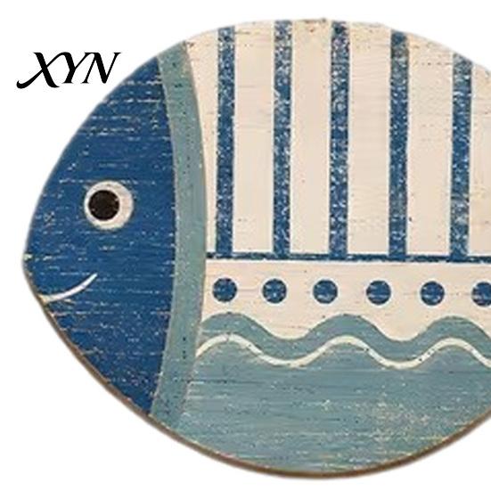 Unique Gift for Beach Lovers 4PCS Wooden Fish Wall Decoration, Rustic Mediterranean Style Hanging Plaques, Blue White Vintage Wood Craft Entryway