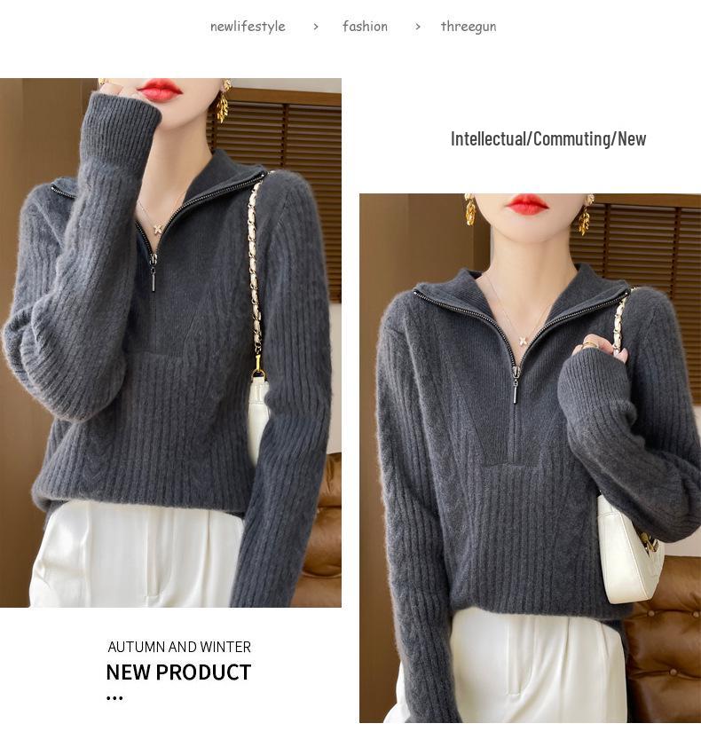 Women's High-Neck 100% Wool Cable Knit Sweater - Thickened Long Sleeve Zipper Pullover for Autumn & Winter