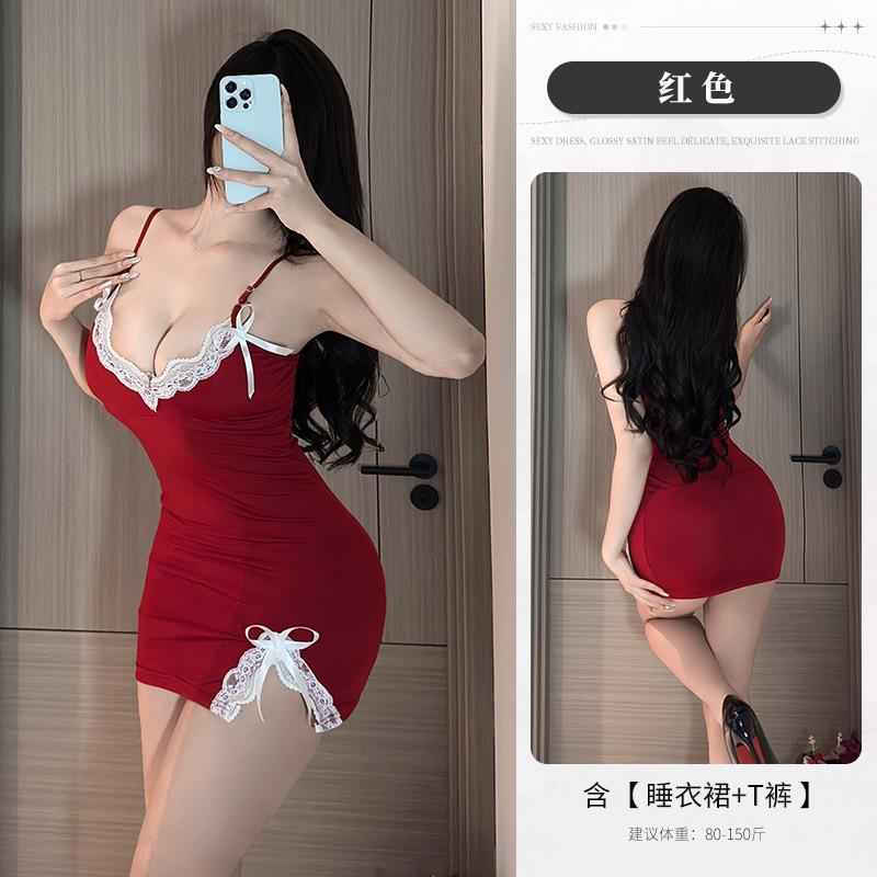

Spice girl nightdress solid color slim fit and thin lace leaking back loungewear open fork suspenders pajamas low chest deep v-neck XL (120-75 kg)