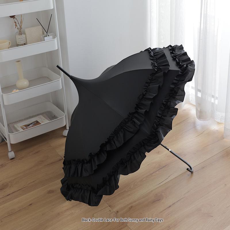 Lolita Lace Pagoda Princess Parasol - Elegant Wedding Umbrella with Long Handle, Goddess Sunshade, Cute Lolita Design, Sun Protection.