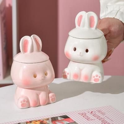 Heilender Kleiner Hase Tasse Keramiktasse Kreative Wassertasse mit Deckel Rosa Mädchenherz Niedliche und Schöne Tasse
