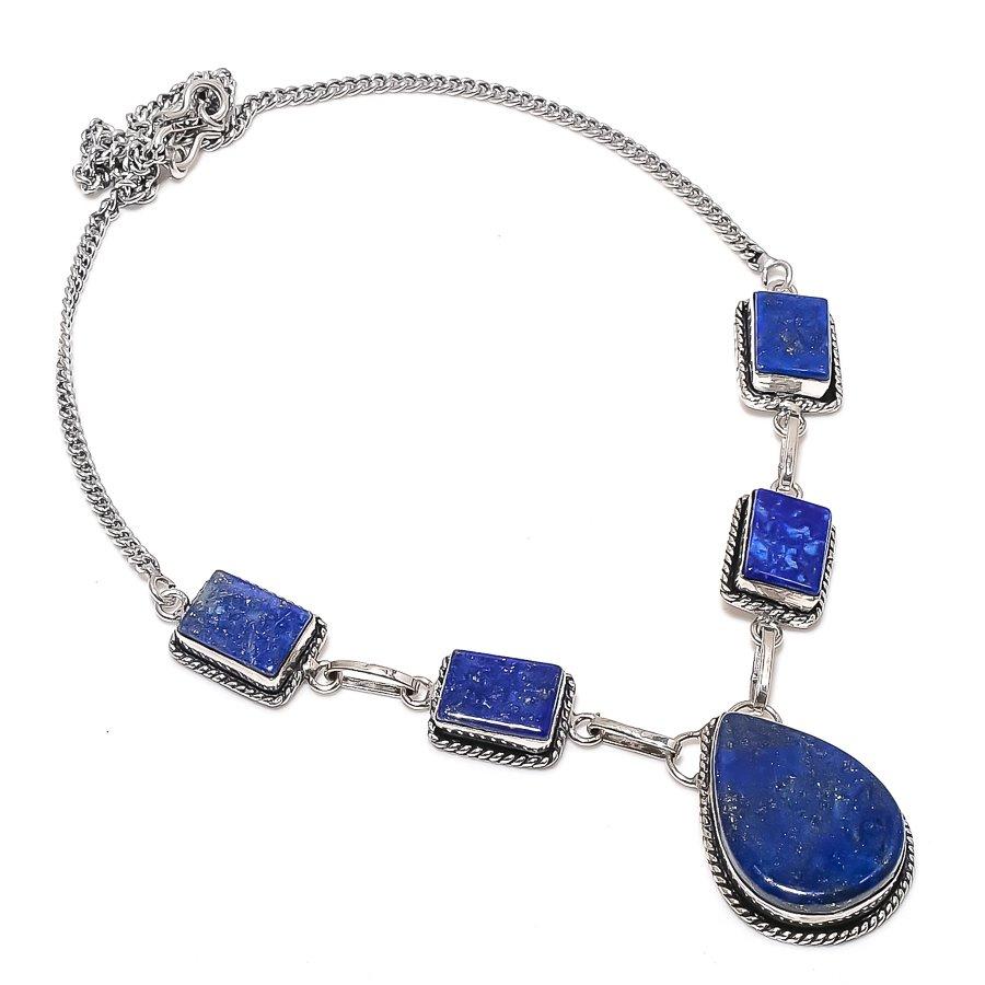 Natural Lapis Lazuli Gemstone 925 Sterling Silver Jewelry Necklace 18" t1M14