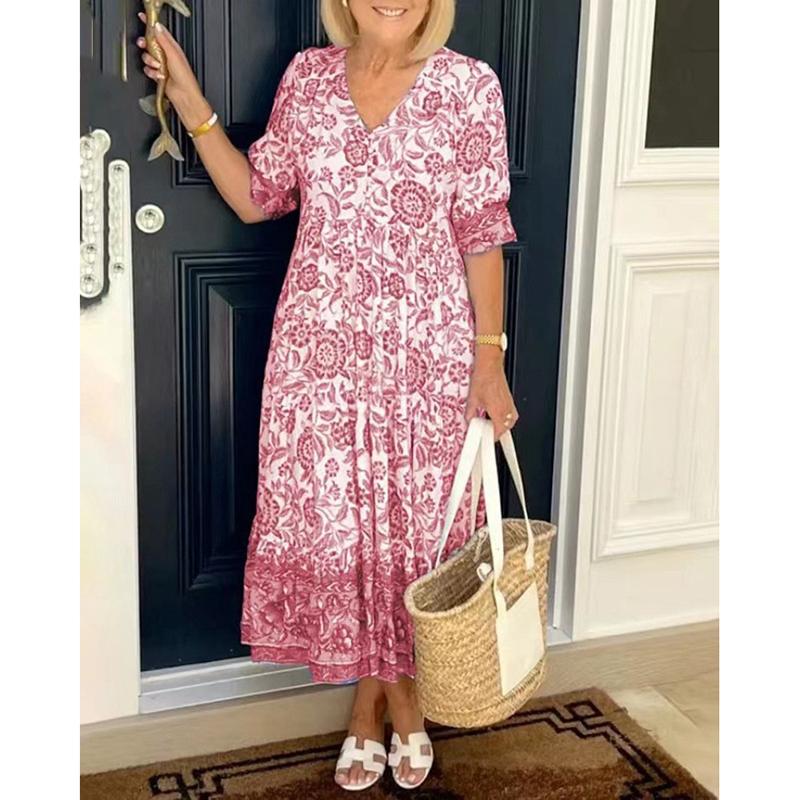 Summer Short Sleeve Print Floral Women's Dress Plus Size Fashion V Neck Elegant Loose Casual Dress Lady Vintage Sexy Club Dresses Female Clothes 25030