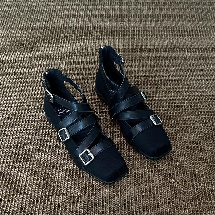 

Sheepskin version retro square head one-word buckle with genuine leather Mary Jane shoes women s single shoes flat bottom shallow mouth versatile 35