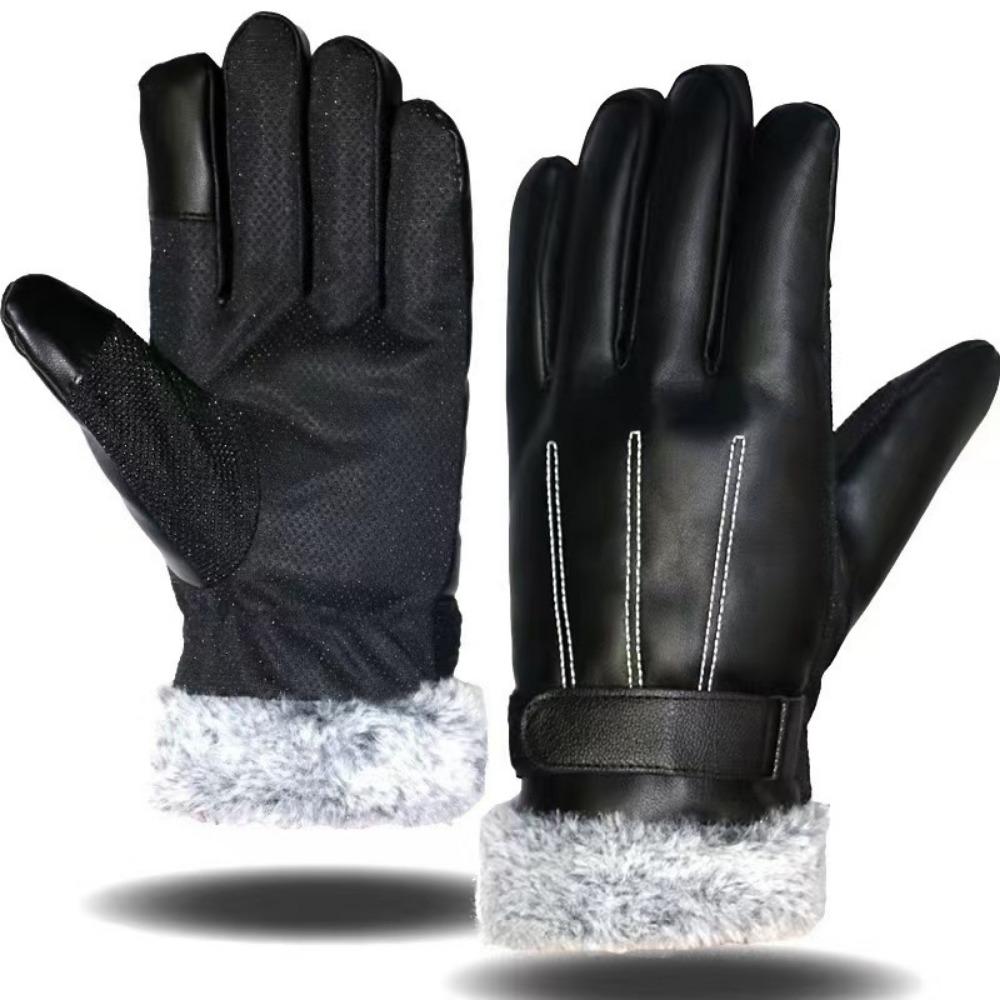 Winter cycling leather gloves warm velvet women's touch screen men's motorcycle winter gloves thickened windproof Korean version