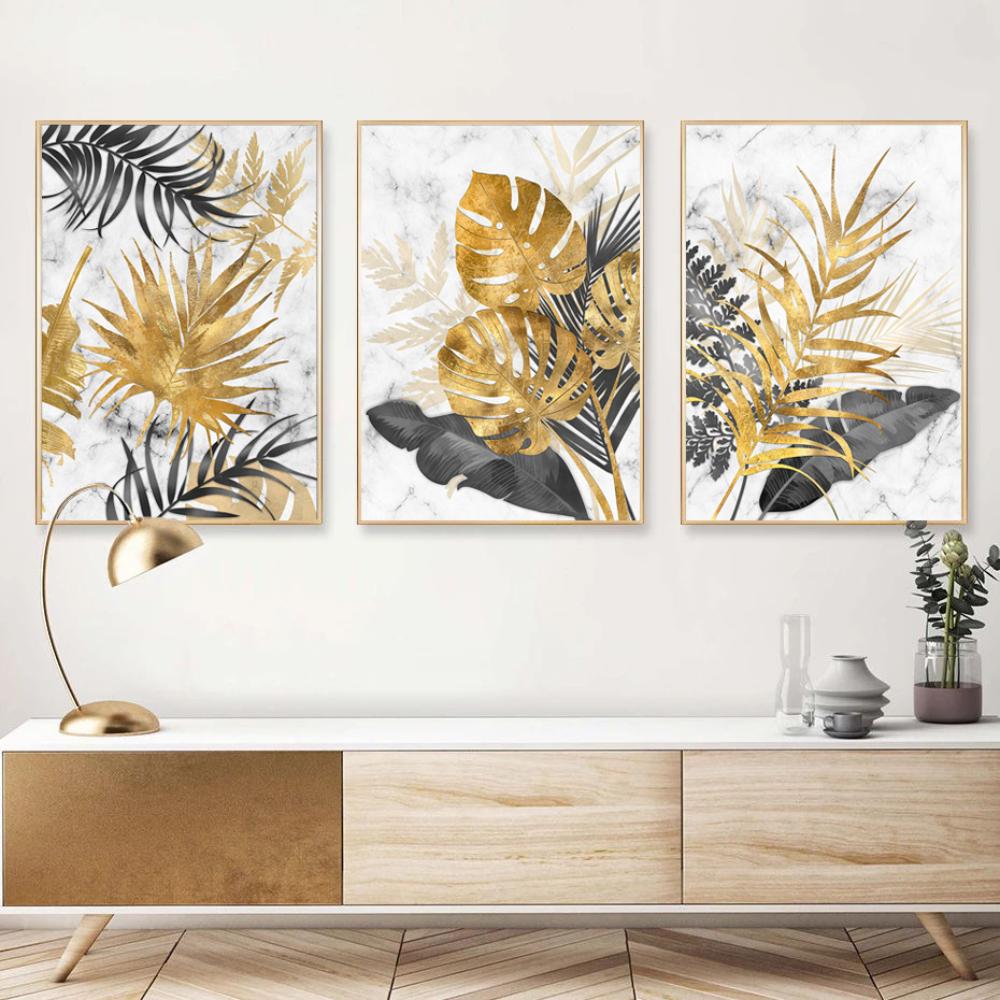 Golden Abstract Tropical Palm Leaf Canvas Paintings Modern Interior Home Wall Decor Art Posters Prints Pictures Cuadros No Frame