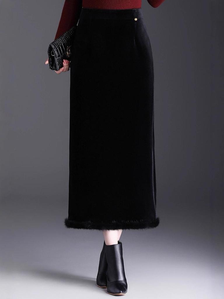 Velvet High-Waist Slit Pencil Skirt - 2025 Winter Collection