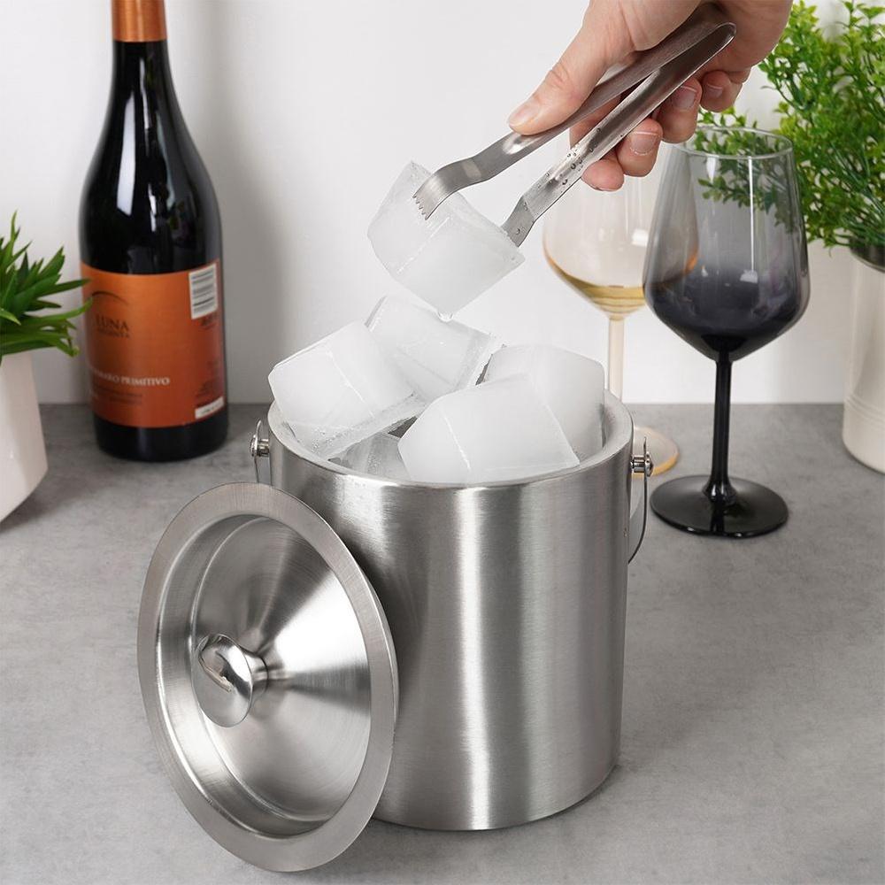 Steel Thermal Ice Bucket Thermos Container for Cubes + Tongs