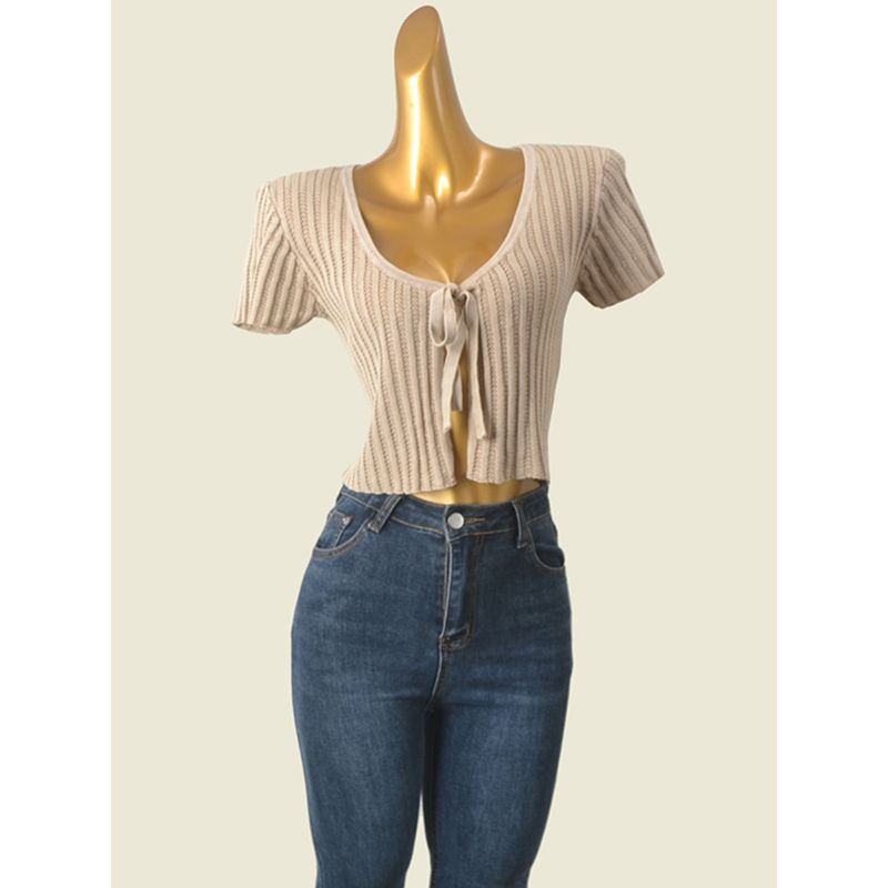 US Niche Style Cards Retro Cut Out Summer Short-Sleeved Top Shoelace Sexy Sexy Export Short Knitted Outerwear