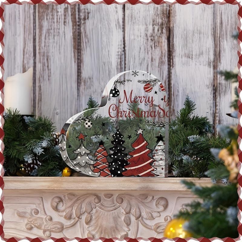 2D Flat, "Merry Christmas" Heart-Shaped Acrylic Christmas Desktop Decoration, Festive Trees and Snowflakes, Suitable for wall decoration, porch, room,