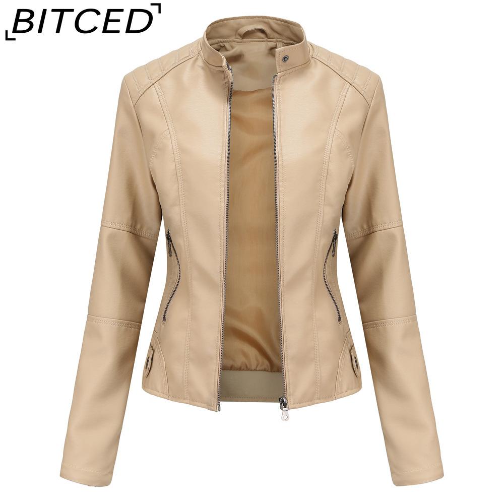 BITCED Women's Slim-Fit Leather Jacket - Lightweight Spring/Autumn Outerwear Motorcycle-Style Oversized Stand Collar Leather Jacket