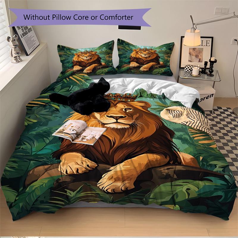 3pcs Royal Lion Crown Bedding Set - 1 Duvet Cover + 2 Pillowcases(Core Not Included), Machine Washable Polyester Yy251216168