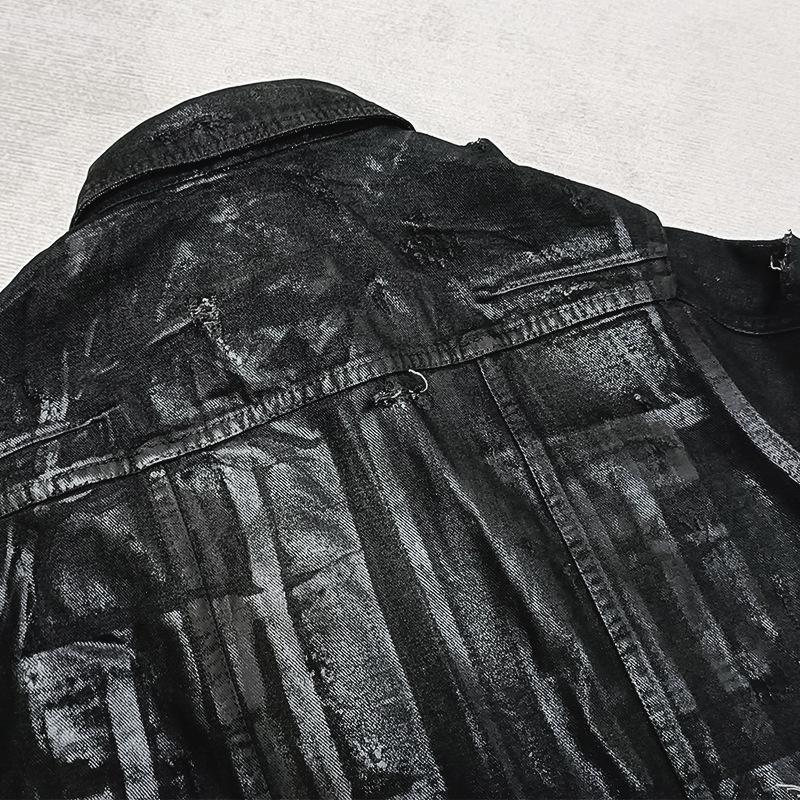 Černá voskovaná roztrhaná džínová bunda ve stylu Hedi Homme