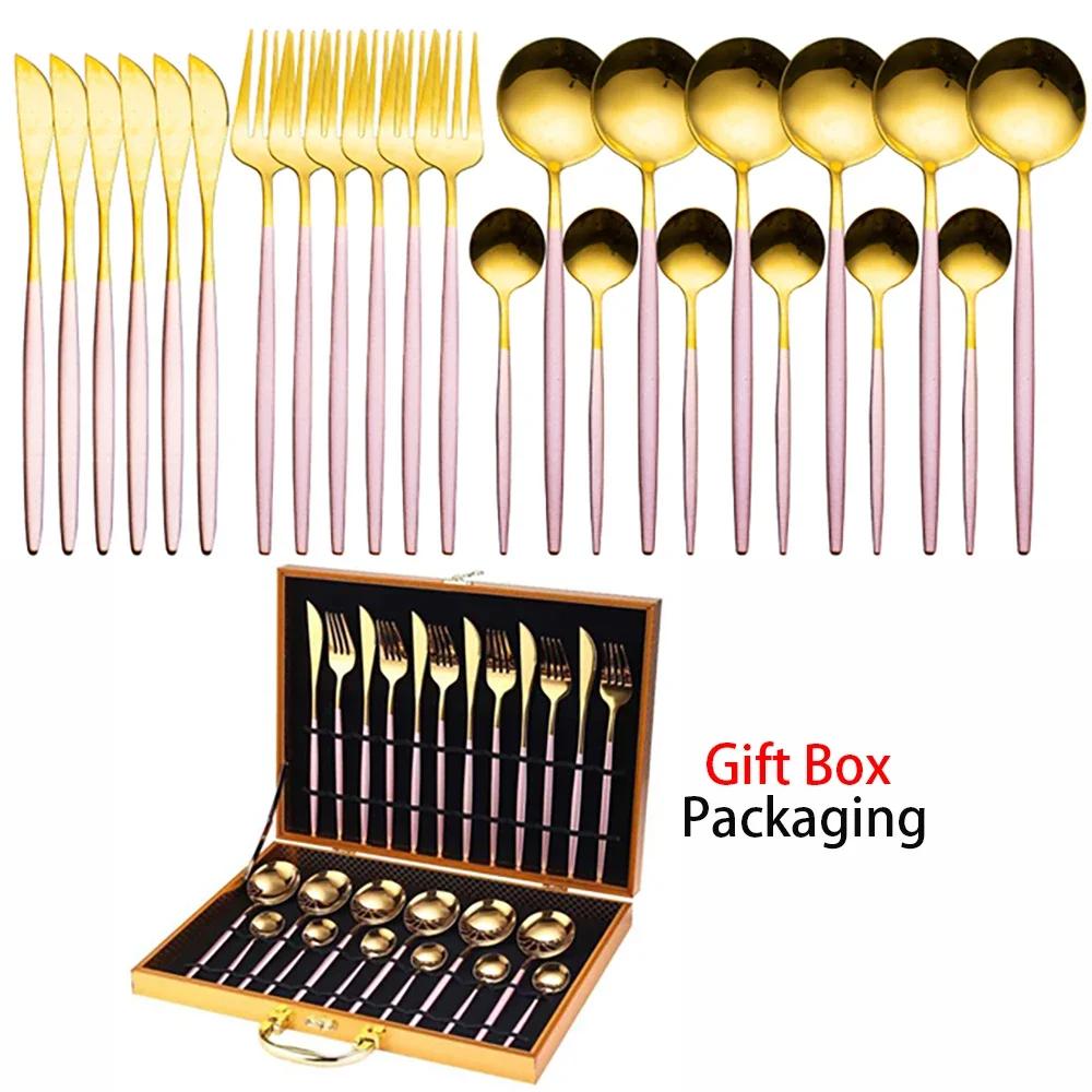 Tableware Set Gift Box Fabulous Cutlery Knife Fork Dessert Spoon Coffee Spoon 24PCS Gold Flatware Dinnerware Sets