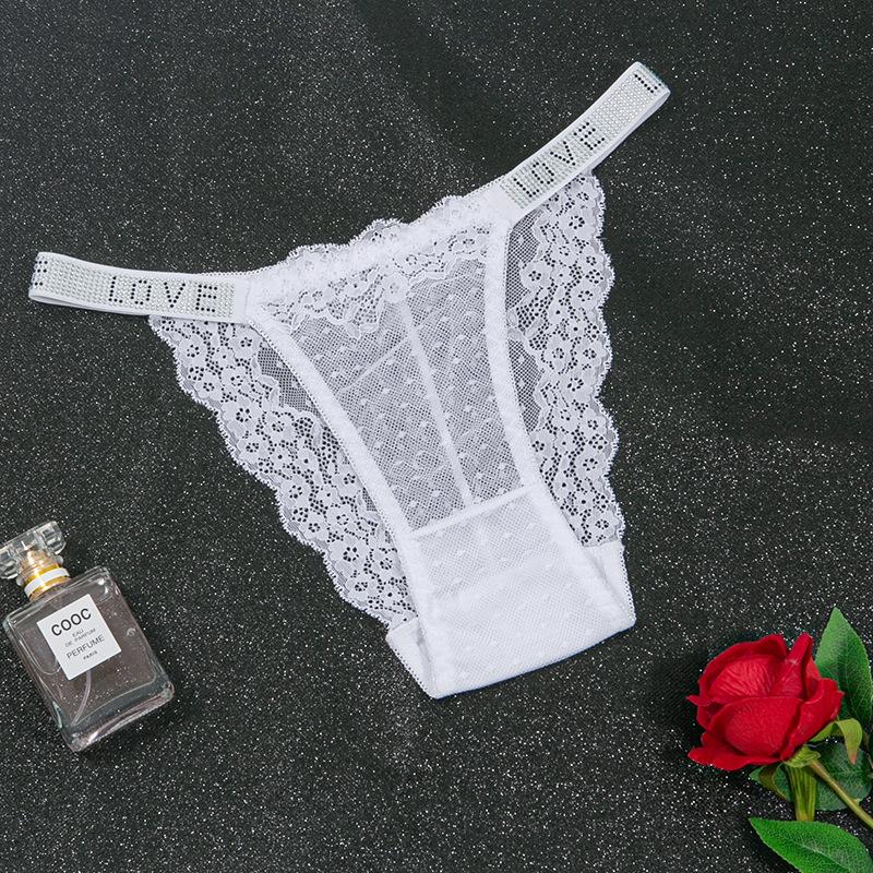 Hot Diamond Sexy Lace Underwear Women's Double Belt Thongs Diamond Decoration Hot Simple Breathable Hollow Lightweight Bikini Panties