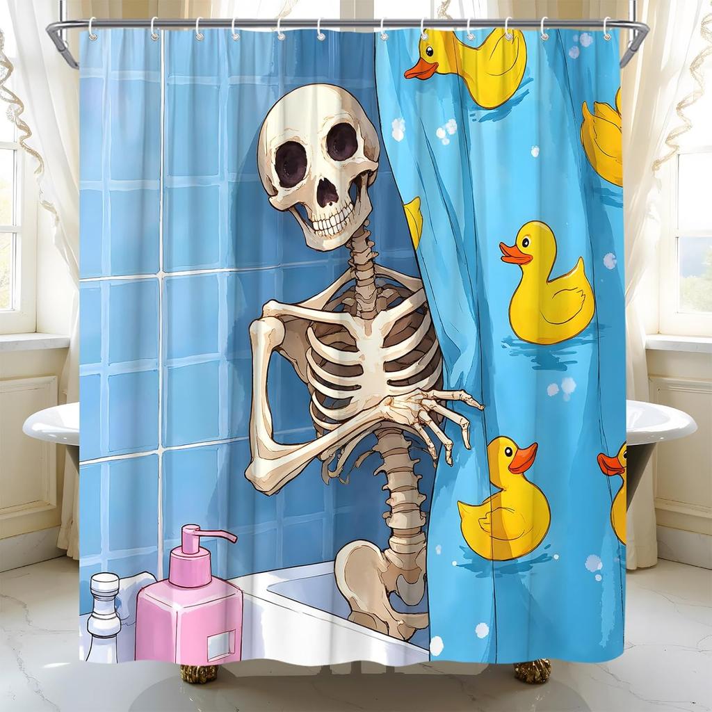 Funny Skull Shower Curtain Funny Skeleton Halloween Blue Cartoon Cute Cool Yellow Duck Kids Horror Gothic Trick or Treat Spook