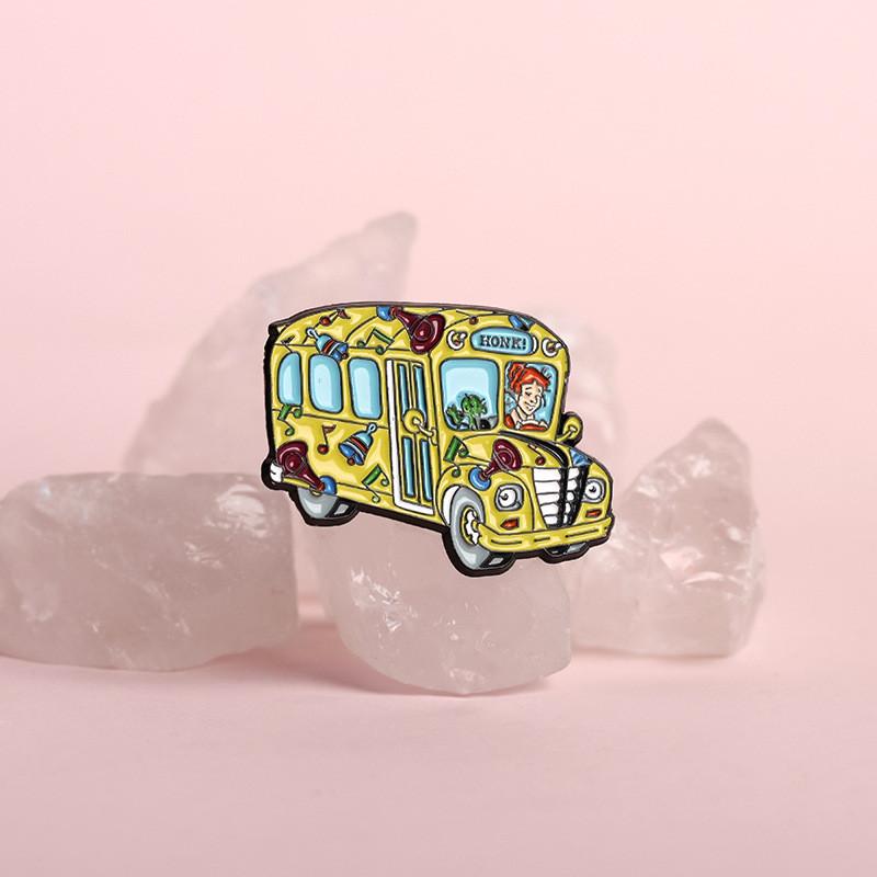 Brooch Unique Metal With Creative Bus Shaped Design And Playful Red Haired Girl Cartoon For Personal Flair