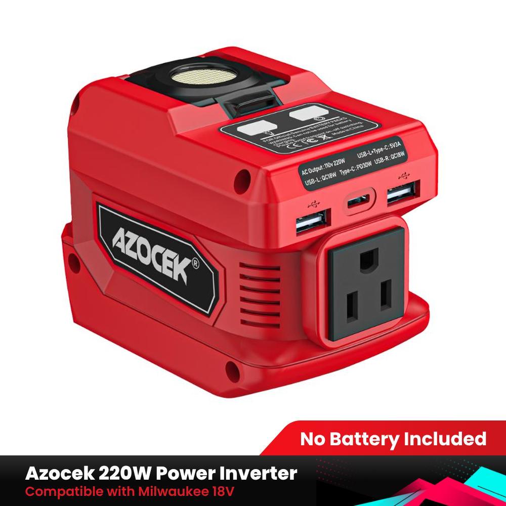 Azocek 220W Portable Power Inverter Compatible with Mil-wau-kee 18V Battery, 18V to AC 110V 4 Output&300LM LED, Inverter for Car for Milwaukee