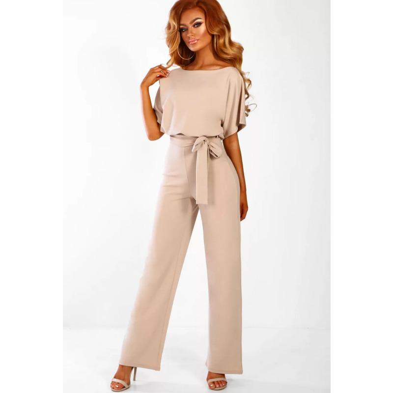 Tuta da donna elegante manica corta cravatta in vita scavata pantaloni larghi estivi solidi tuta tuta pantaloni larghi a gamba larga